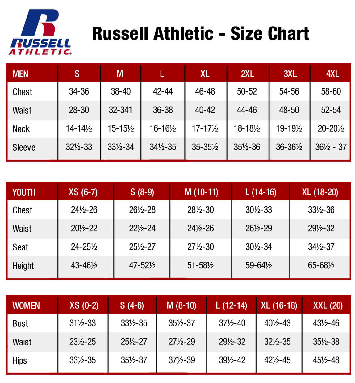 Russell Athletic Sizing Chart – CRT Apparel